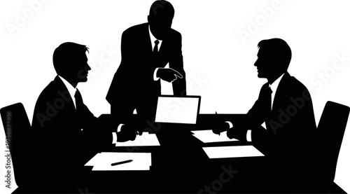 Manager directing corporate meeting with laptop