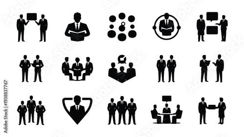 Bundle of leadership and business icons in black silhouette teamwork and management symbols for presentations and infographics on white background