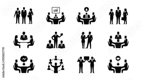 Bundle of leadership and teamwork icons in black silhouette on white background for business concepts