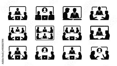 Online team collaboration icons black silhouettes of people working remotely on laptops and computers in virtual meetings