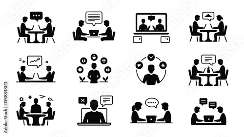 Bundle of online team collaboration silhouettes working on laptops and computers in office settings with speech bubbles