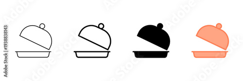 Set of minimalist serving dish icons with transparent background, depicting a food cloche and tray for restaurant apps, meal delivery, and catering, vector illustration