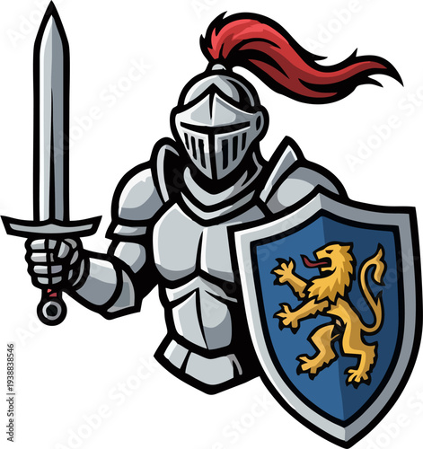 Bold Medieval Knight Mascot with Sword and Heraldic Lion Shield – Vector Illustration