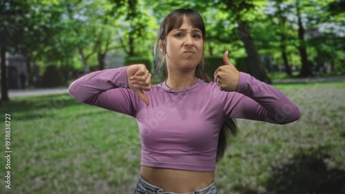 Young woman showing thumbs up and thumbs down gesture in forest wearing purple crop top and expressive face; ambivalence mixed feelings.