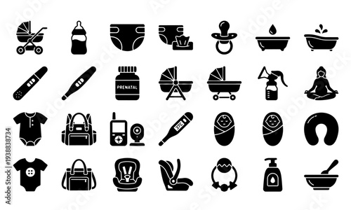 Pregnancy and Baby Care Solid Icon Set – Newborn, Maternity and Infant Essentials Icons