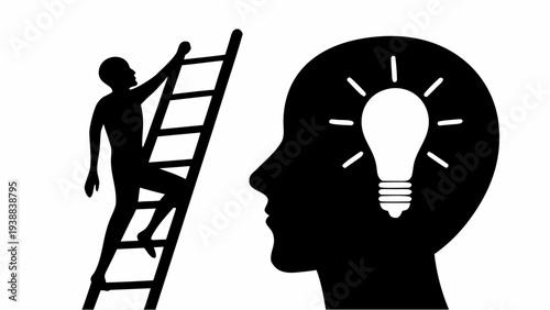 Inspiration and innovation concept with person climbing ladder to bright idea