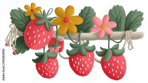 strawberries and flowers on white background