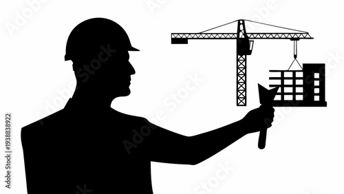 Construction worker holding building module with crane