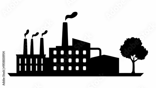 Industrial factory with smokestacks and tree