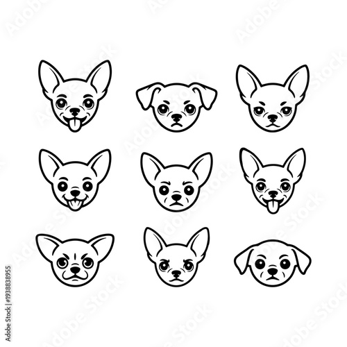 Charming collection of dog heads showcasing different expressions and emotions in a playful arrangement