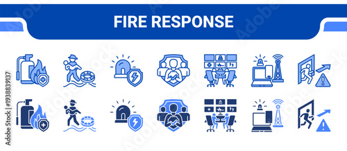 Fire Response Icon Collection,  featuring Fire Emergency, Rescue Operation, Emergency Response, Public Safety, Command Center, Communication System, Risk Assessment.