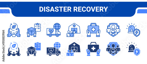 Disaster Recovery Icon Collection,  featuring Disaster Recovery, Relief Supply, Humanitarian Aid, Crisis Shelter, Medical Aid, Public Safety, Emergency Response.