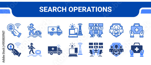 Search Operations Icon Collection,  featuring Search Mission, Rescue Operation, Emergency Transport, Communication System, Command Center, Public Safety, Medical Aid.