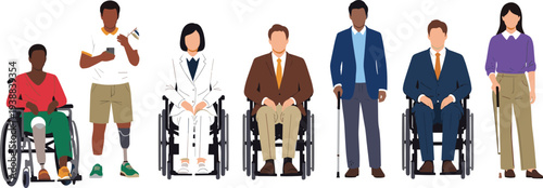 Diverse group of professionals with disabilities including wheelchair users and people with prosthetic limbs or canes for inclusive workplace representation.
