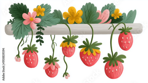 strawberries and flowers on white background
