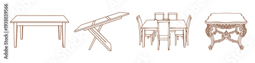 Set of furniture vector line art icons of tables and chairs on grey background