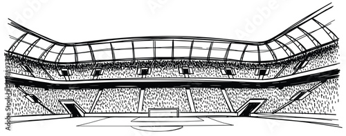 Soccer stadium arena sketch vector illustration with crowd and goal post layout