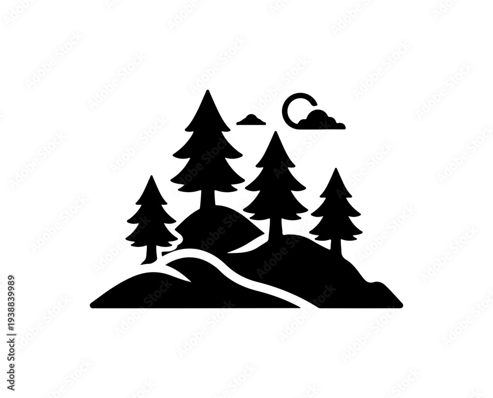 Obraz premium Minimalist Mountain Landscape with Trees and Moon