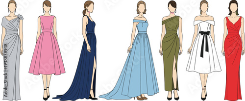 Elegant collection of evening gowns and cocktail dresses featuring various silhouettes, necklines, and vibrant colors for formal gala event illustrations.