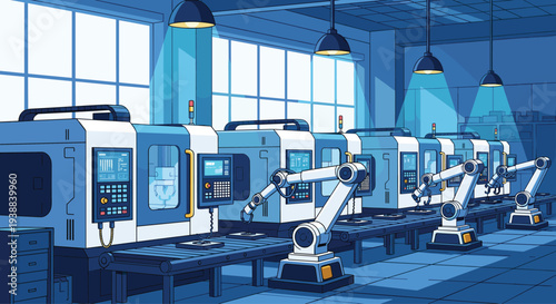 Industrial factory with automated production line robotic arm vector illustration technology