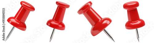 Bild auf Leinwand A set of shiny red pushpins, or thumbtacks, rendered in 3D from multiple angles, isolated on a transparent background