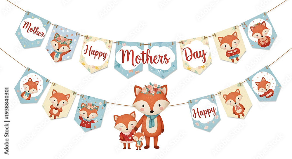 Fototapeta premium Adorable cartoon fox family celebrating mother's day with whimsical banner decoration