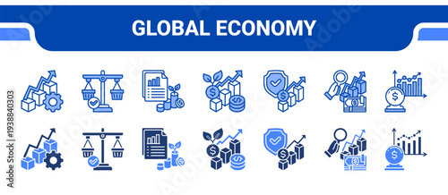 Global Economy Icon Collection,  featuring Global Trade, Trade Balance, Investment Activity, Economic Growth, Currency Stability, Financial Overview, Economic Forecast.