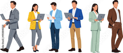 Group of professional business people in modern suits working on laptops and reading documents flat vector illustration isolated on white