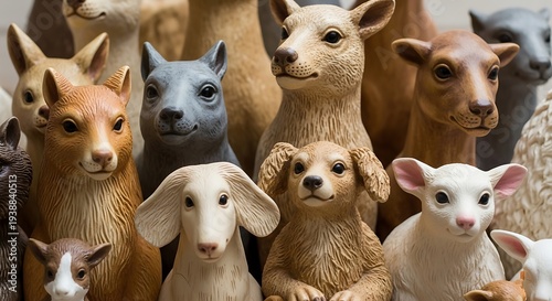 Close up of assorted animal figurines with varying colors and textures