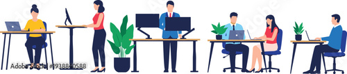 Modern business people working on laptops and computers at ergonomic sit-stand desks in a clean flat vector office interior design.