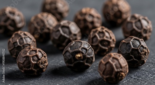 Close up of black peppercorns on a dark surface for culinary use