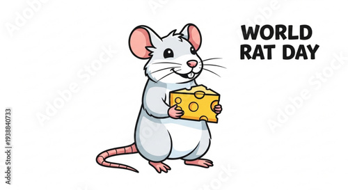 Cartoon rat holding cheese on world rat day with a cheerful expression