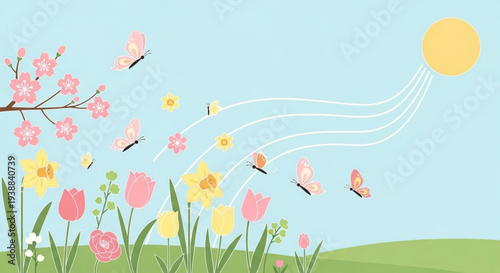 Vibrant spring flowers and butterflies dance in sunny meadow with blooming cherry blossom tree