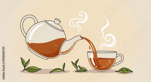 Steaming hot tea pouring from teapot into cup with leaves on beige background