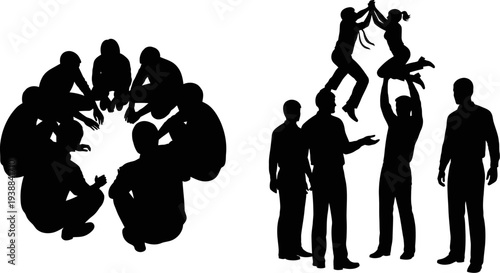 Teamwork silhouettes performing group exercises and collaborative lifting