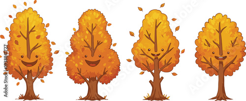 Cartoon autumn tree illustration with smiling faces, seasonal foliage change, falling leaves, warm colors, and playful nature vector design concept