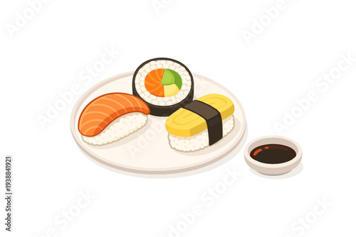 Minimal Sushi Plate with Soy Sauce – Japanese Food Flat Vector