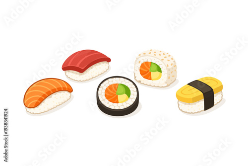 Sushi Variety Set in transparent background – Japanese Food Flat Vector Illustration