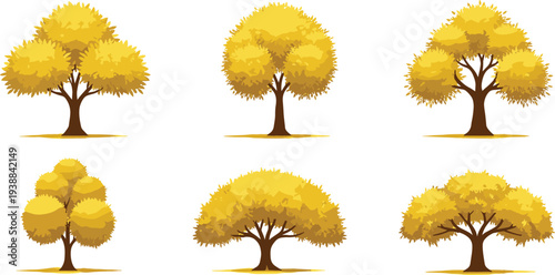 Collection of autumn yellow trees with golden leaves, seasonal forest landscape illustration, natural foliage design for decoration, vector artwork.