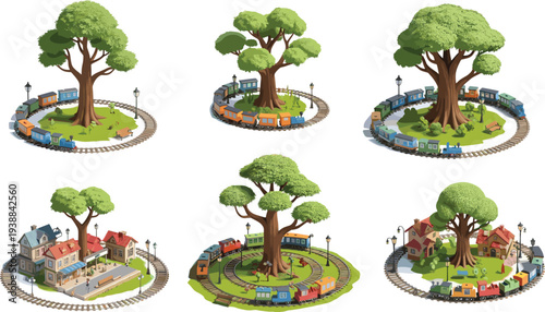 Colorful toy train illustration circling big green trees and village houses, fantasy miniature world, creative children playground landscape vector design