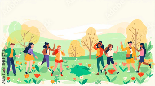 People enjoying leisure time together in a vibrant outdoor setting with lush greenery and colorful flowers