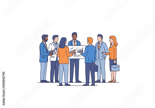 Diverse business professionals gather around a presentation board discussing growth charts and strategy in a modern office environment