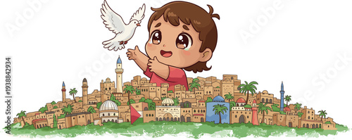 Cute child with teardrop releasing peace dove over ancient city, hope, love, freedom, Jerusalem skyline, Palestine, Middle East illustration