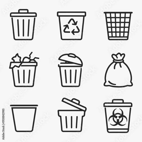 A set of trash can line art icons focuses on simplicity, elegance, and ease of recognition. Vector Sign for Logos, Labels, and Icons.