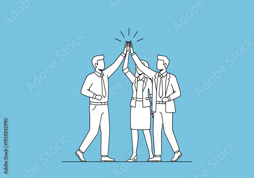 Diverse professional team celebrating success with high five gesture indicating achievement and collaboration in office environment with blue