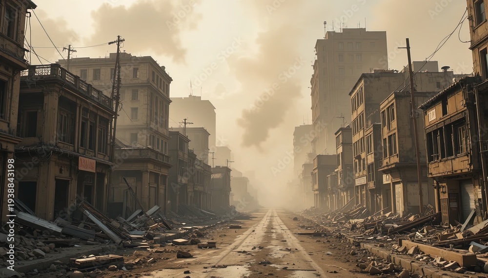 Fototapeta premium Post-Apocalyptic Cityscape with Collapsed Buildings, Empty Street, and a Thick Haze of Smoke Filling the Air