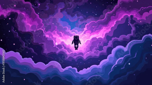 A person floating amidst vibrant purple clouds and stars in a fantastical night sky illustration