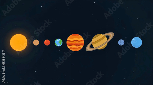 Illustration of the solar system planets in order from the sun, viewed from space
