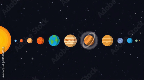 Illustration of the Solar System planets aligned in order from the Sun, viewed from space
