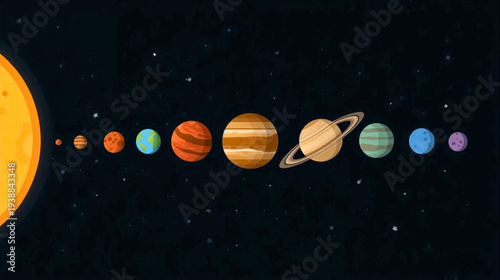 Illustration of planets in our solar system aligned in order from the sun in outer space viewed from a distant perspective